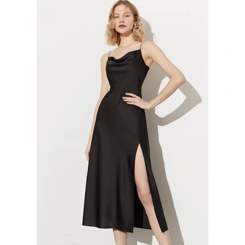 فستان نسائي صيفي موديل 2025 بياقة طويلة من الساتان سهل الارتداء بحزام سباغيتي أنيق للسيدات مثير من الحرير الجليدي فستان الحفلات المنفصلة