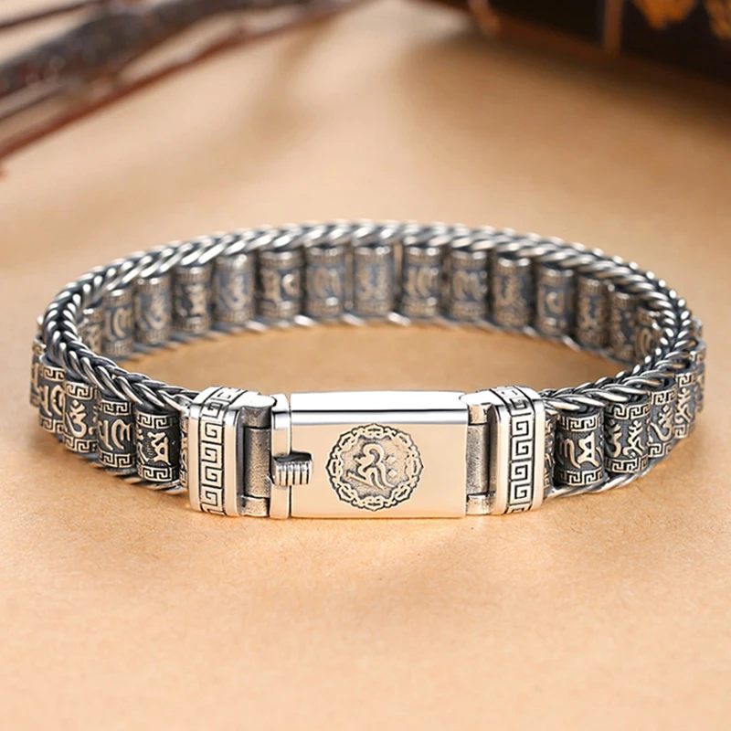 2023 New Men's Bracelet Simple and Generous Silver Bracelet Hand-woven Six-character Mantra Roller Silver Rotatable Bangle Chain