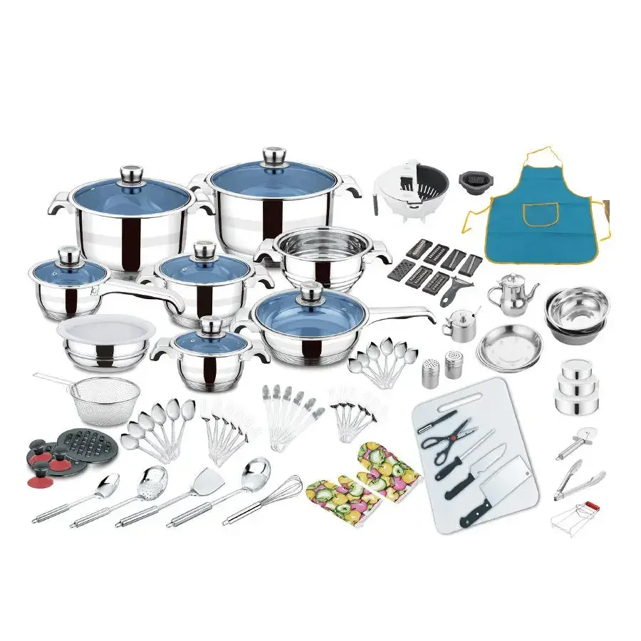 

Customizable 70/100/110pcs 304/201Kitchen Cook Double Bottom cookware sets with Glass Lid Stainless Steel Cooking Pot Set