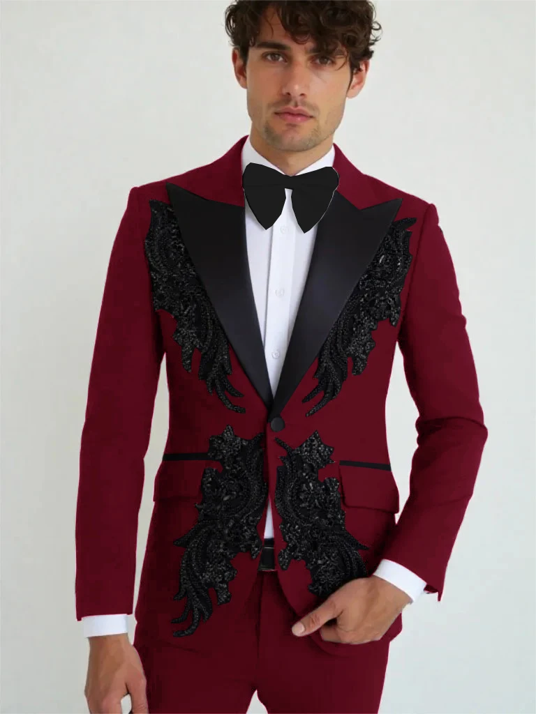 

Luxury Beading Burgundy Men Suits Groom Wear Terno Masculino 2 Pieces Set Slim Fit Tuxedos For Wedding Party Blazer Pants