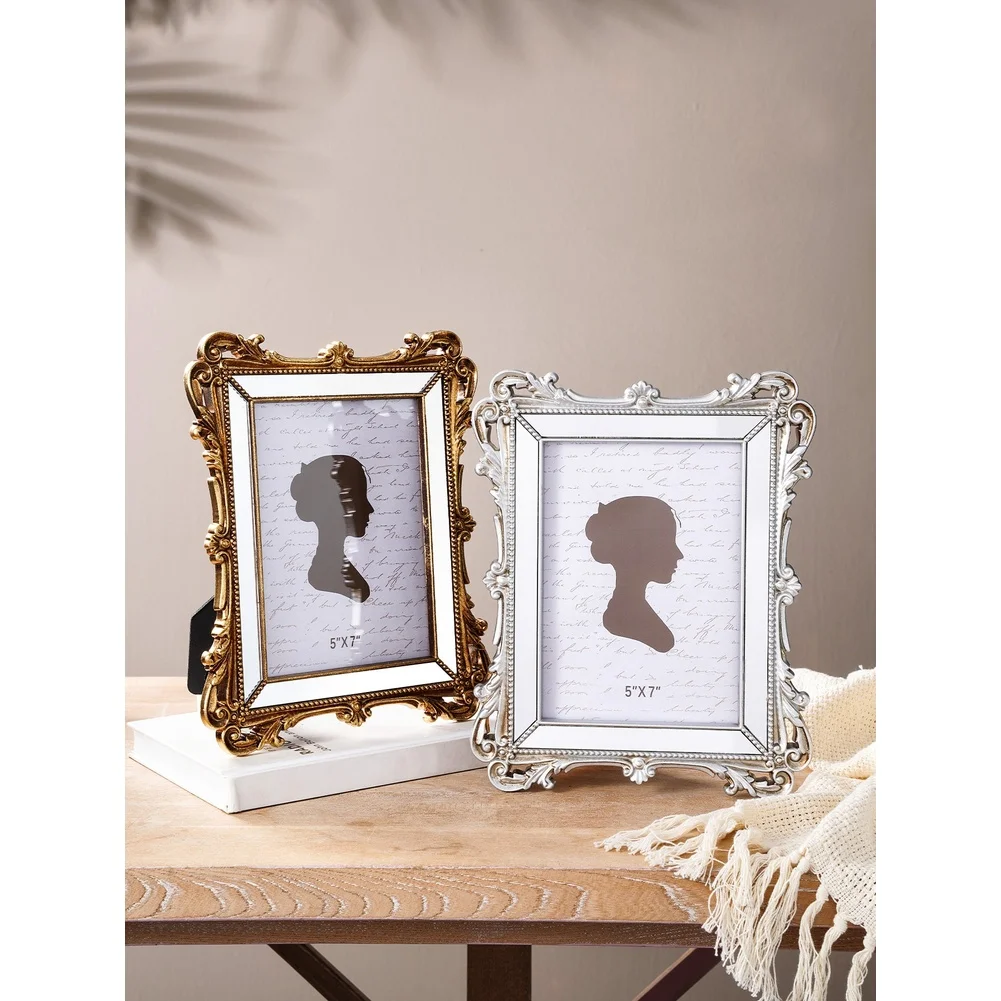 5x7 Inch Gold Tone Resin Picture Frame Baroque Vintage Design with Easel Back and Hanging Hook for Dual Display