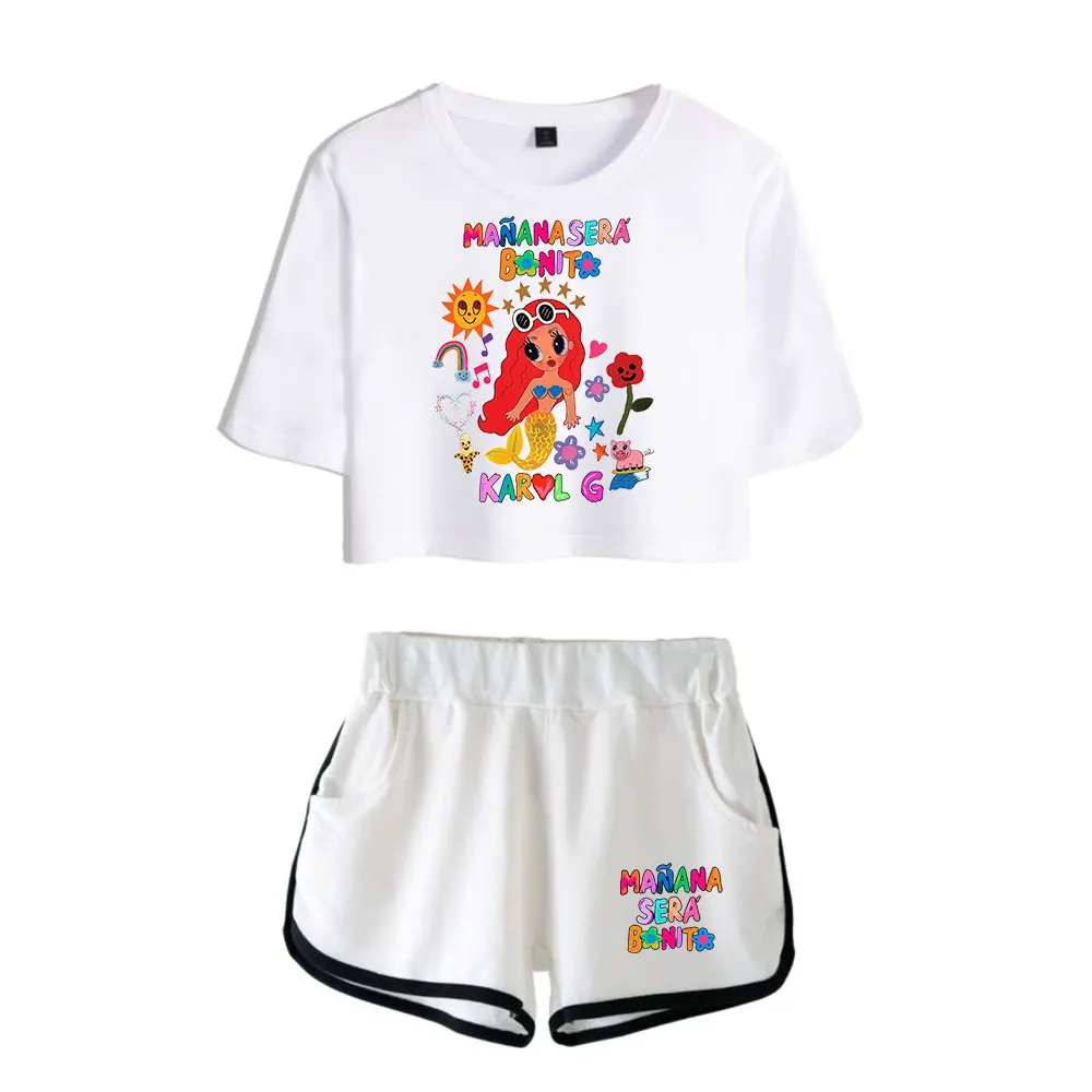 2024 Karol G Manana Sera Bonito Vintage Logo Crop Tops Women Two Piece Set Shorts + TShirt Harajuku Streetwear Girl Sets