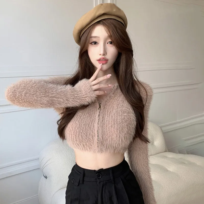 Ladies Solid Color Sweater Knitted Cardigan Off Shoulder Short Style Zipper Design Women\'s Round Neck Pullover Coat