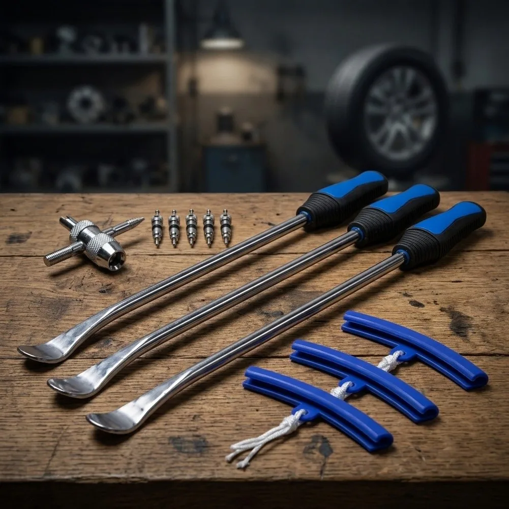 13-Pc Tire Repair Tool Set Constructed from High-Strength Metal for Tire Demounting Mounting and Routine Maintenance Tasks