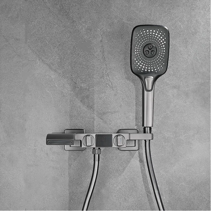 Bathroom Shower Faucet Set Brass Wall Mounted Hot and Cold Digital Show Waterfall Shower Faucet Brush Chrome Gray Finished