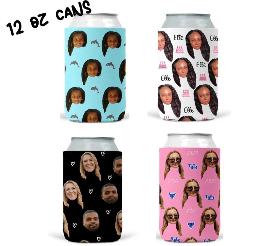 

Custom faces can coolers, custom photo can coolies, birthday can coolers, bachelorette party cups, beer coolers, bachelor party