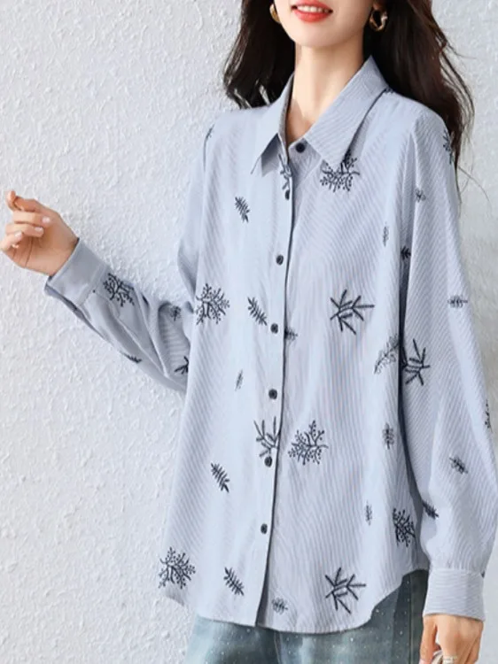 

Autumn 2025 Women's plus Size Vintage irt Loose Long Sve Turn-down Collar Breathable Cotton Linen Blend Casual Top