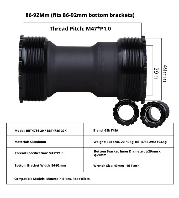 GINEYEA T47 Innenlager mit Gewinde, Keramiklager, wasserdicht, 68/77/86 mm, 24/29 mm Achse für Rennrad, MTB, Gravelbike – Detail 3
