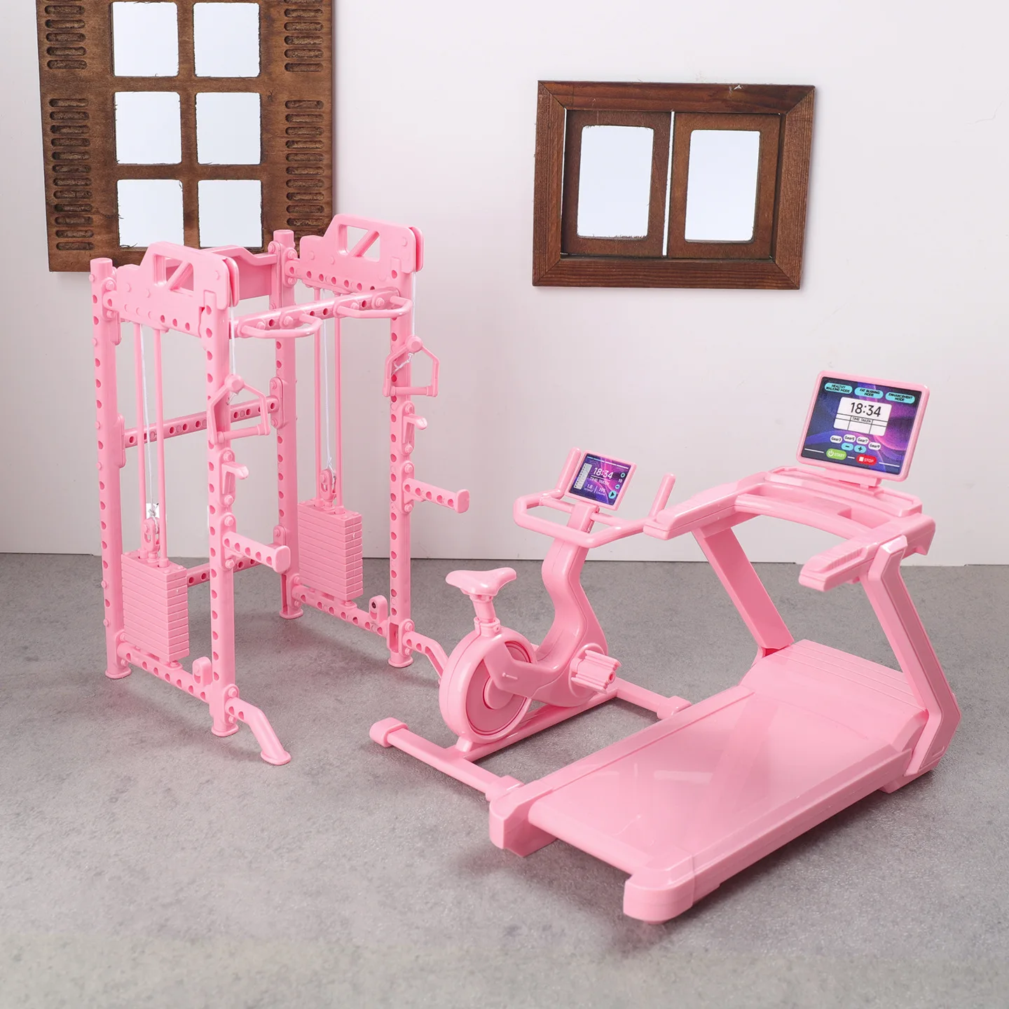 Mini Gym Fitness Equipment Arm Strength Bar Dumbbells Treadmill Bench Press Model Miniature Gym Scene Desktop Decoration