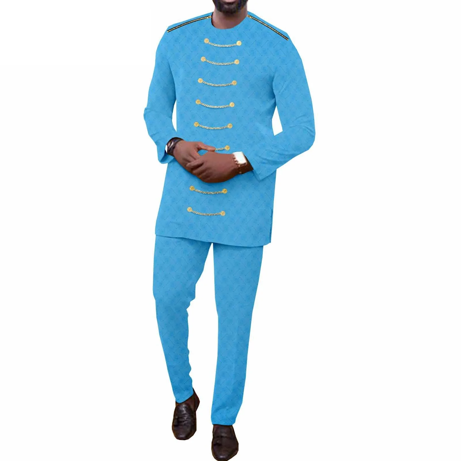 ملابس رجالية أفريقية سترة بسحاب وسراويل أنقرة مكونة من قطعتين ملابس Dashiki مقاس كبير مع سلسلة بازان الثراء