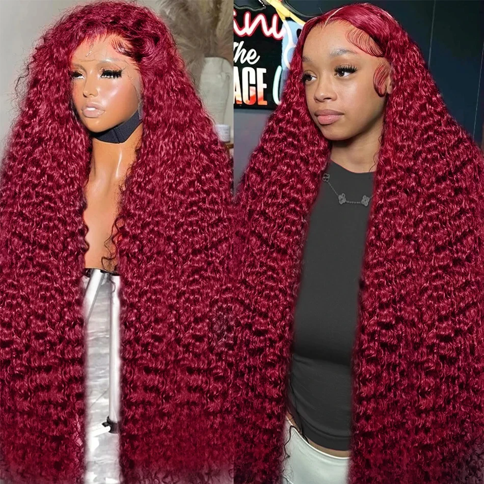 300 Density Deep Wave 99J Burgundy 13x6 Hd 100% Human Hair Lace Frontal Wigs 13x4 Brazilian Curly 30 34Inch Color Lace Front Wig