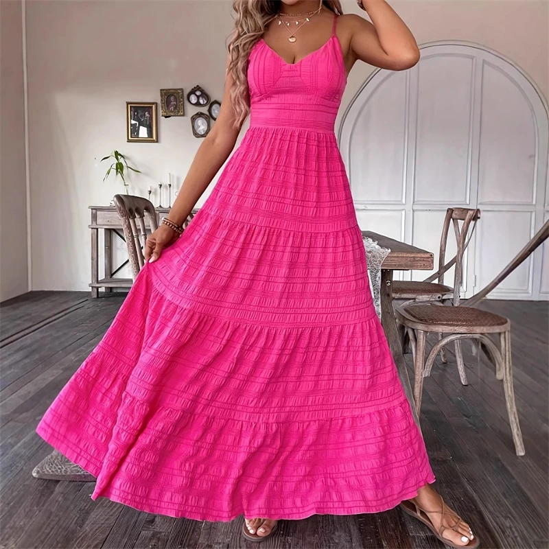 Sexy Hosenträger-Kleid mit V-Ausschnitt, einfarbig, großer Saum, Fliege, langer Rock für Damen, Strand, Party, Date, Nacht, feminines Sommer-Outfit
