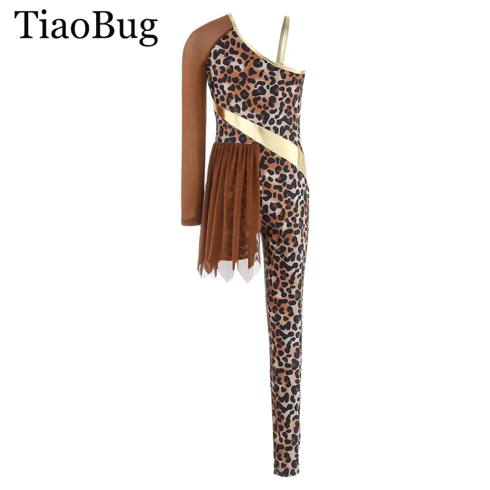 

Girls Indian Indigenous Costumes Asymmetrical Leopard Print Leotard Bodysuit Jumpsuit Caveman Savage Halloween Fancy