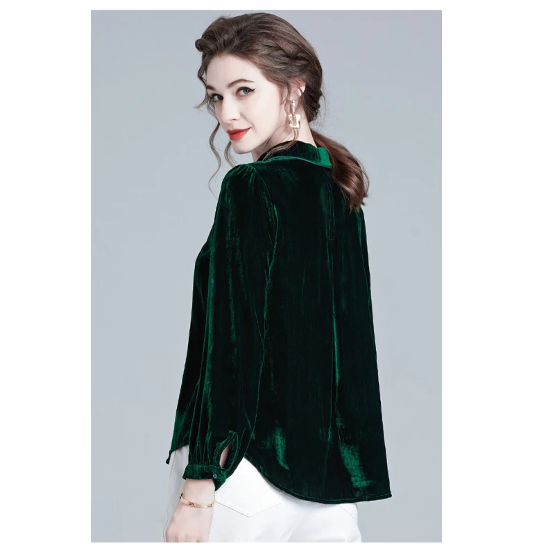 

Natural Silk Velvet Ladies Long Sleeve Shirt Dark Green Chinese Button Top Temperament Elegant Light Luxury Women's Wear