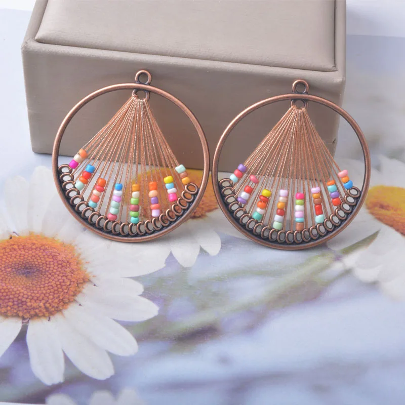 4 Stück/Set Bohemian-Stil runde Bronze-Anhänger, braun gefärbte Rocailles-Perlen, Quastenanhänger, DIY-Ohrringe für Frauen – Detail 5