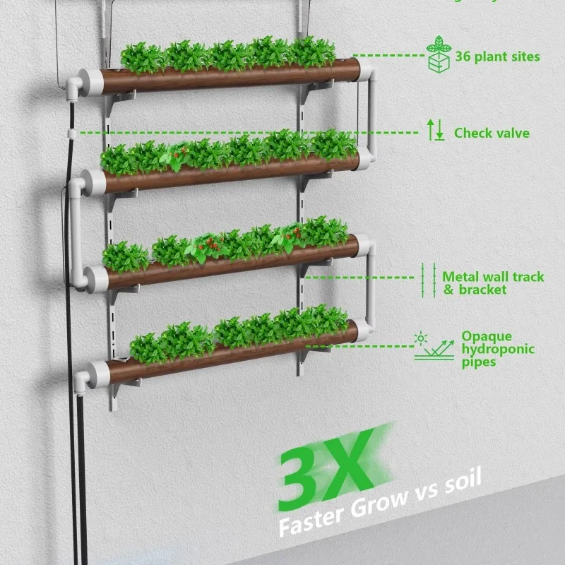 Indoor wall-mounted soilless hydroponics system with full spectrum plant growth lamp and water circulation system wood grain PVC