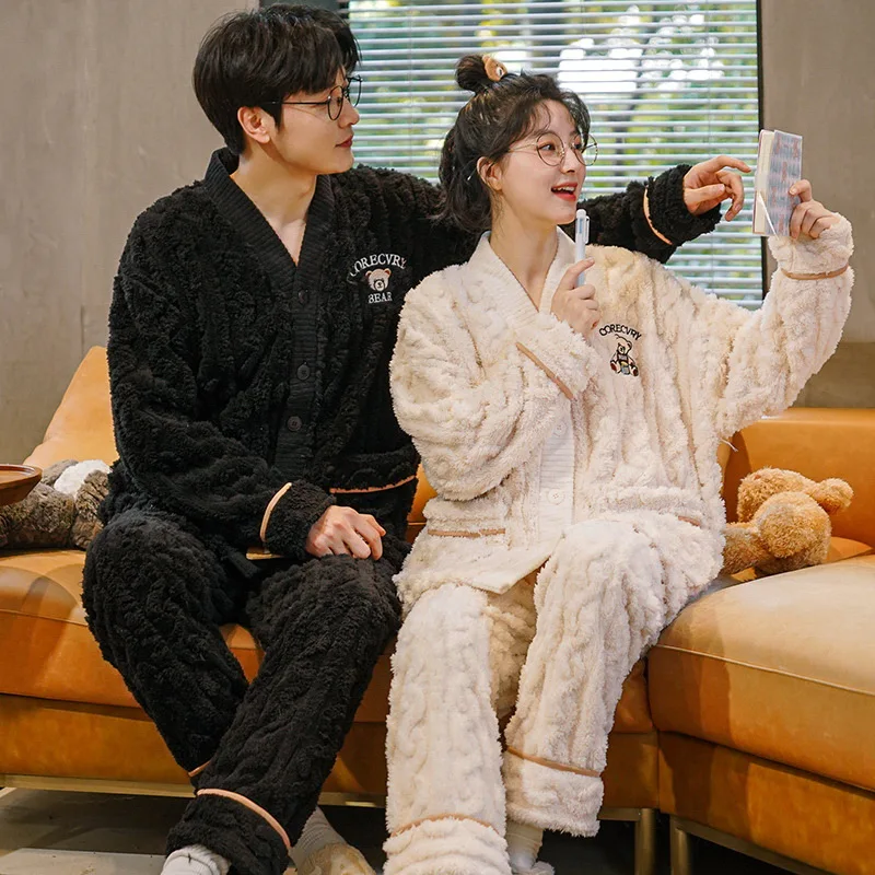 Autumn Winter Thicked Thermal Velvet Pajamas Set for Couple Kawaii Kimono Style Lovers Sleepwear Man Woman Plaid Flannel Pijamas