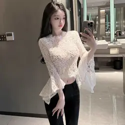 Style Ladies' Hollow Lace Shirt with Flared Sleeves Heart Machine Short Style Western-style Long Sleeved Top Women's