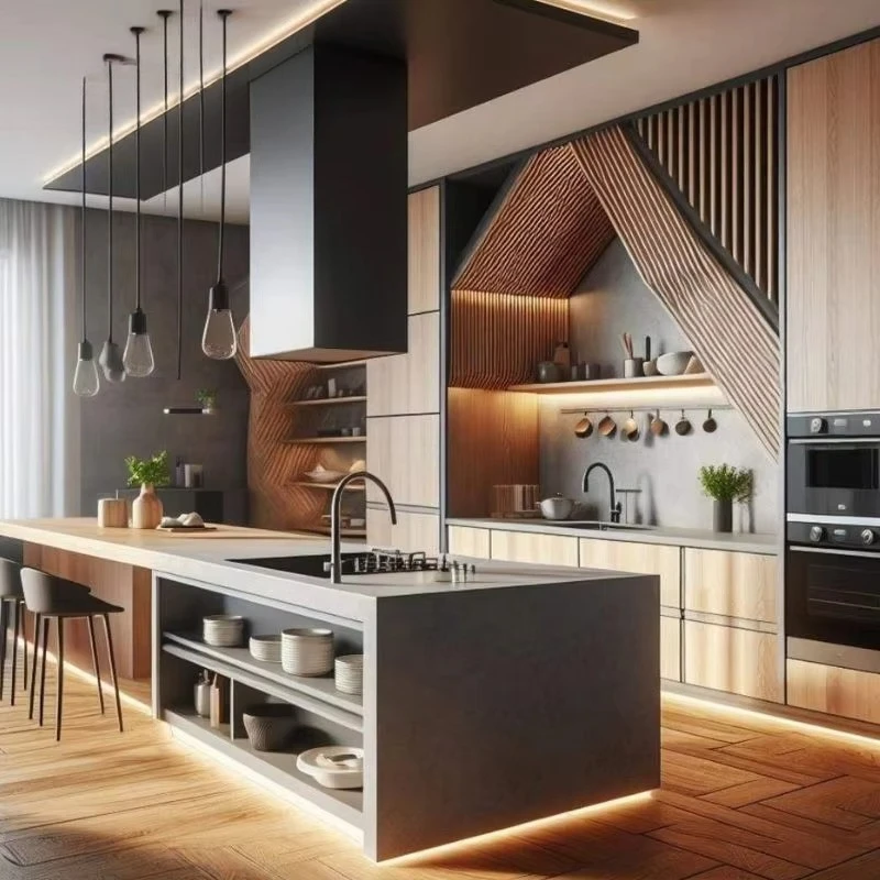 2025 Modern Minimalist Black Marble MDF Kitchen Cabinet Full Set Modular System Custom Design Complete Package Made in China