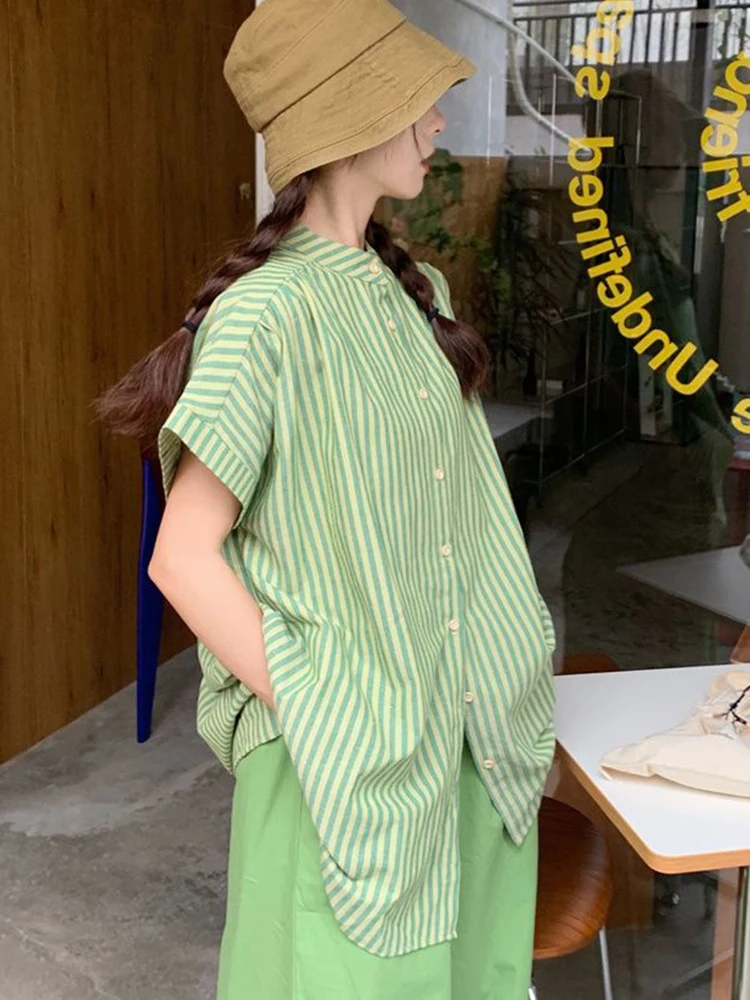 Zoki ผู้หญิง Retro สีเขียวลายเสื้อ Oversize หลวม O คอสั้นแขนเสื้อญี่ปุ่นเสื้อ Harajuku สบายๆฤดูร้อน Preppy สไตล์เสื้อ