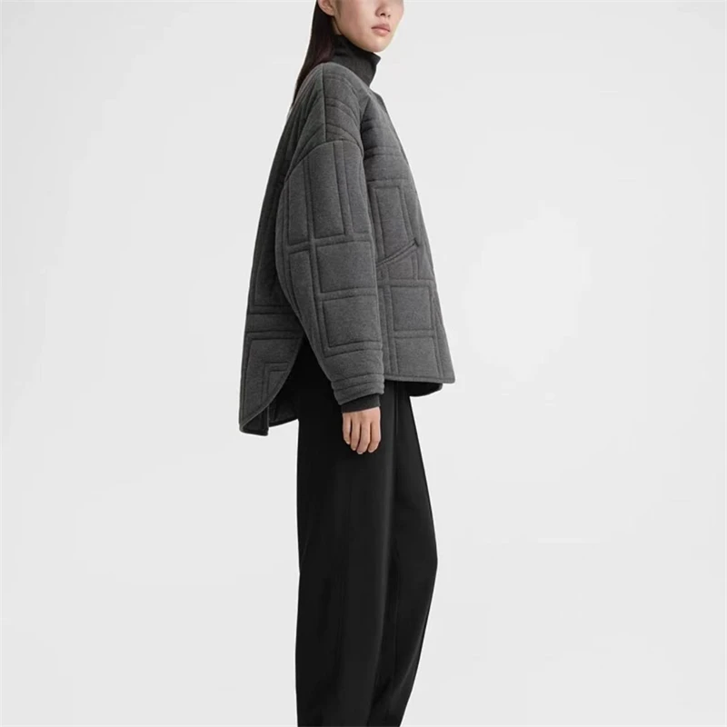 2024 winter new women\'s hemp gray geometric quilted plain knitted cotton coat y2k high quality fashion casual loose jacket coat