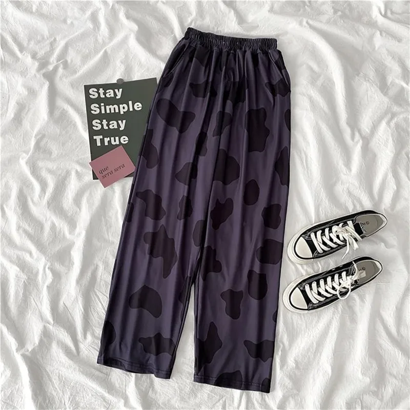 Women Summer High Waist Wide Leg Trousers Vintage Cow Print Pants Casual Korean Elastic Waist Sweatpants Loose Pants Jogger