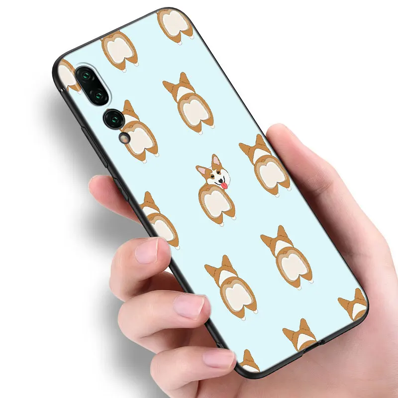 Cartoon Corgi Dog Black Silicone Phone Case For Huawei P10 P20 P30 P40 Lite P50 P60 Art P50E P Smart Z 2018 2020 2021 Pro 2019