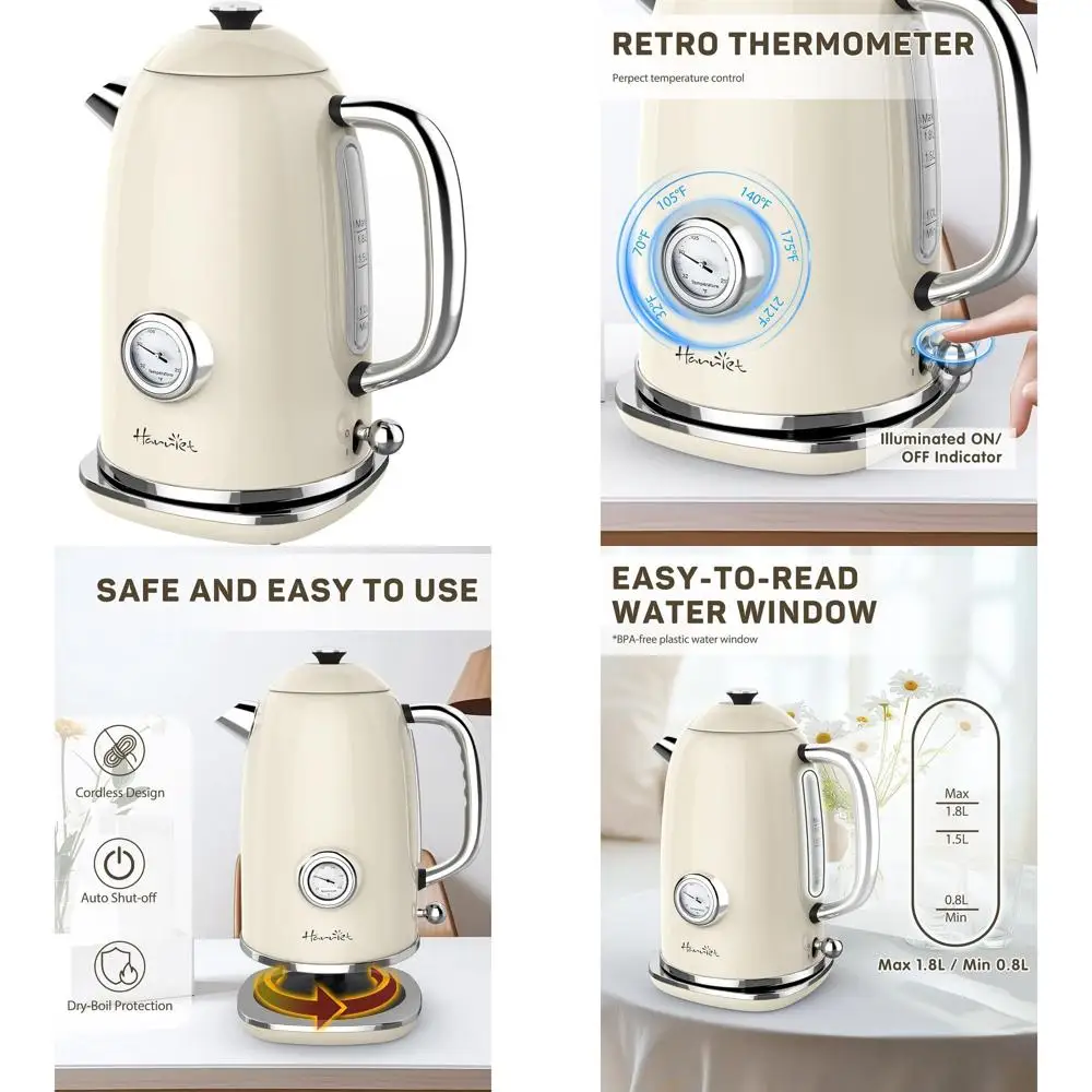 

1.8L Vintage-Style Electric Tea Kettle with Thermometer, 1500W, Stainless Steel, Fast Boil, LED Indicator, Auto-Off, Cordless, B