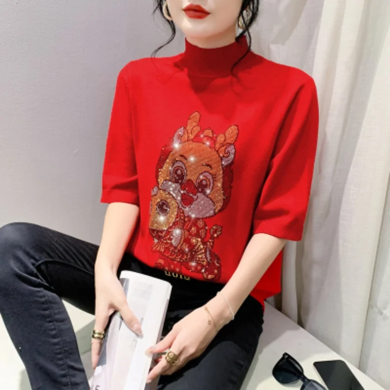 Pull à col mi-haut pour femme, pull décontracté, diamant de dessin animé, rouge, haute qualité, luxe, automne, hiver, nouveau