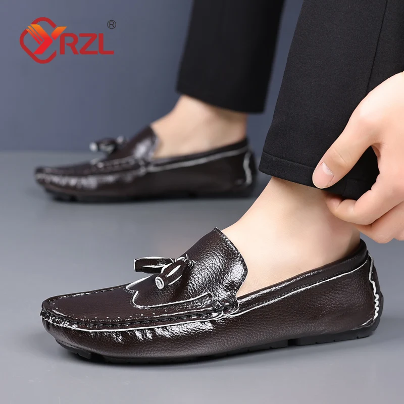 YRZL Loafers Men Genuine Leather Casual Shoes Luxury Brand Mens Tassel Loafers Breathable Slip on Brogue Driving Shoes for Men