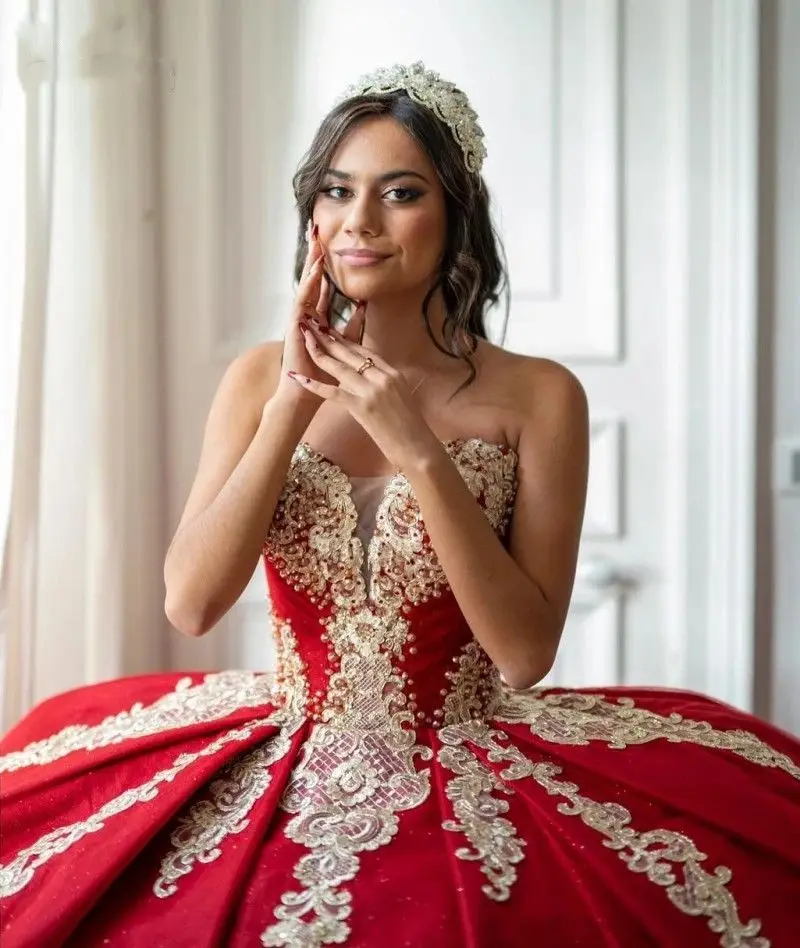 Lorencia-vestido De quinceañera rojo bordado, vestido De baile, apliques De encaje, cuentas De lentejuelas, dulce mexicano 16, años XV, YQD382, 2023