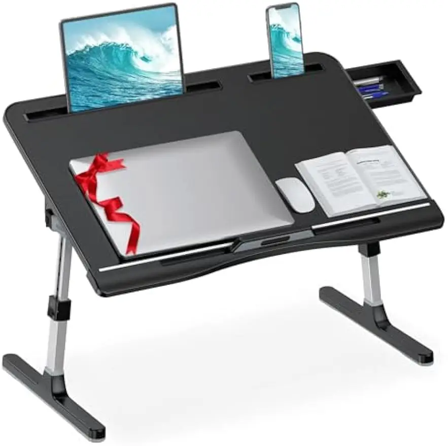 

Регулируемый кожаный стол-кровать со складными ножками, очень большая подставка для ноутбука для использования на полу-кровати и диване (черный)