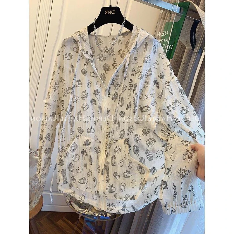 Pastoral Style Vintage Thin Style Nation Floral Hooded Sunscreen Clothing Women Summer Loose Printing Fashion All-match Coat