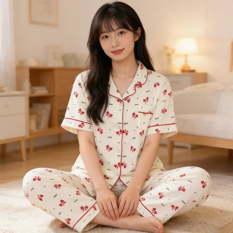 Simple and Sweet English Bow Wrinkled Cloth Short Sleeve Pants Home Clothes Pajama Set Spring and Fall Women Sleepwear Homewear