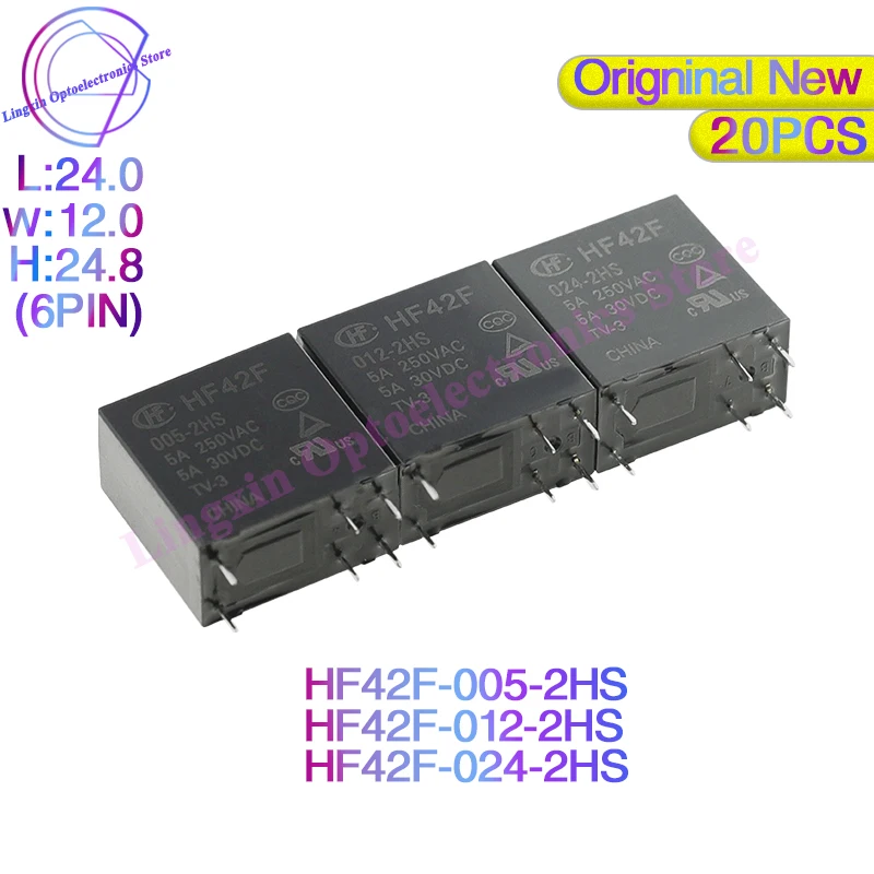 20Pcs/lot HF42F -005 012 024 -2HS 5A 6Pin 250VAC Power relays 5V 12V 24VDC FTR-F4AK024T F4AK024T HF42F-024-2HS 100% Original new