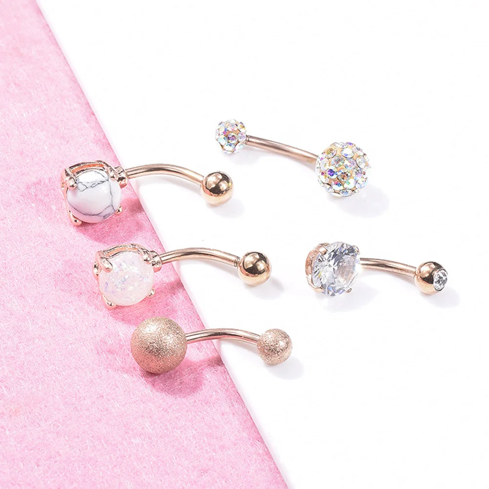 

5pcs Belly Button Ring Set Rose Gold Rhinestone Navel Jewelry Smooth Comfortable Wear Fashion Belly Piercing Ideal For Wedding