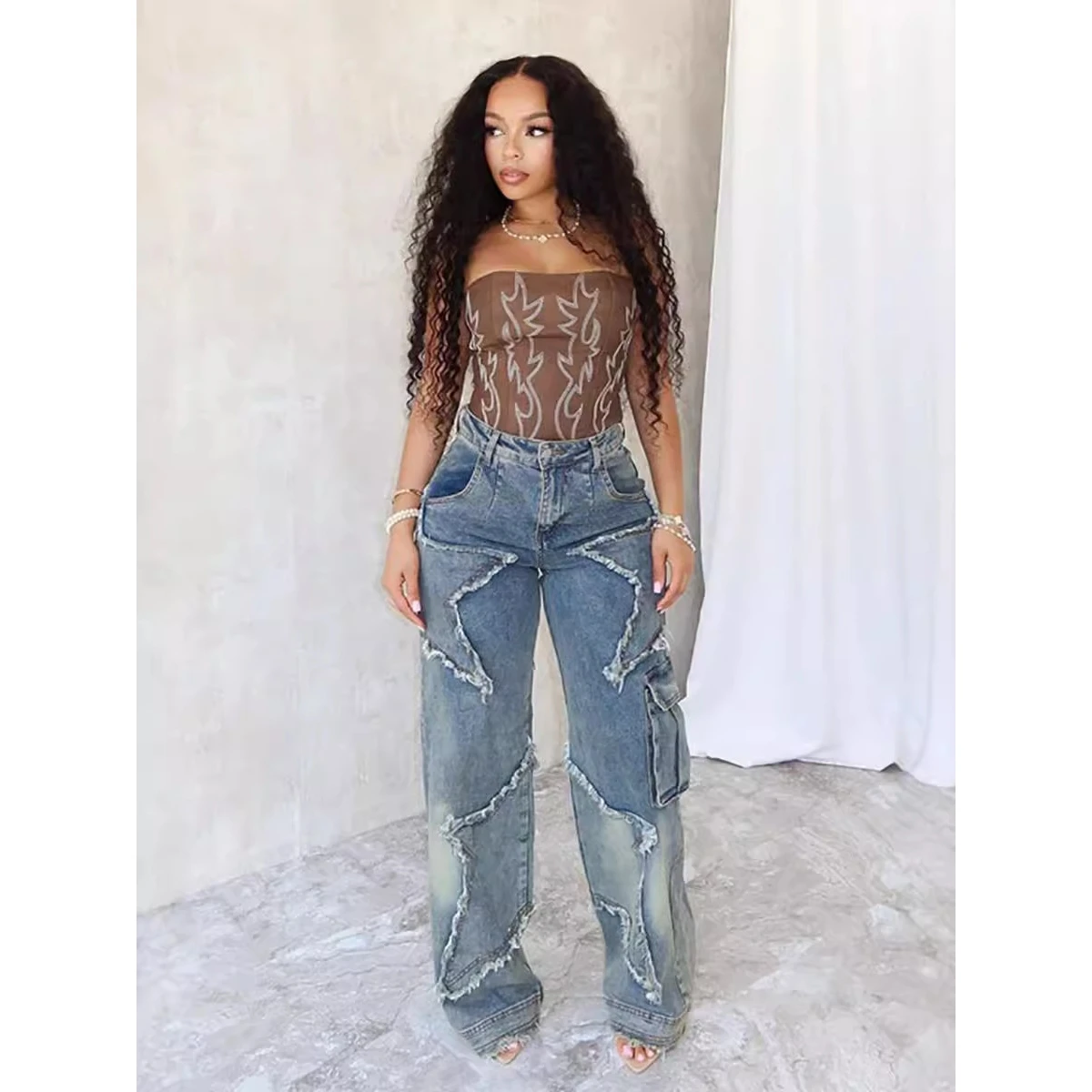 Losse casual damesjeans met rechte pijpen, gerafelde zoom, lamsfluwelen stof, herfst winter, nieuwe Sle Star kwastje, wijde pijpen broek