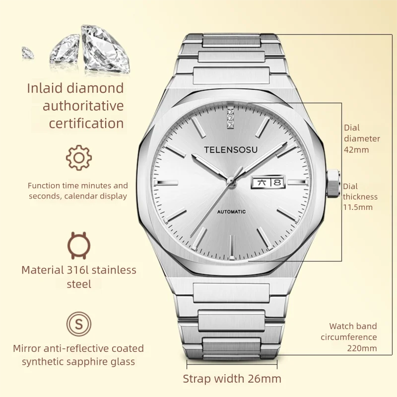 2025 New TELENSOSU Men's Watch Waterproof Sapphire Stainless Steel Automatic Mechanical Watch Gentleman Style Business Watch8806