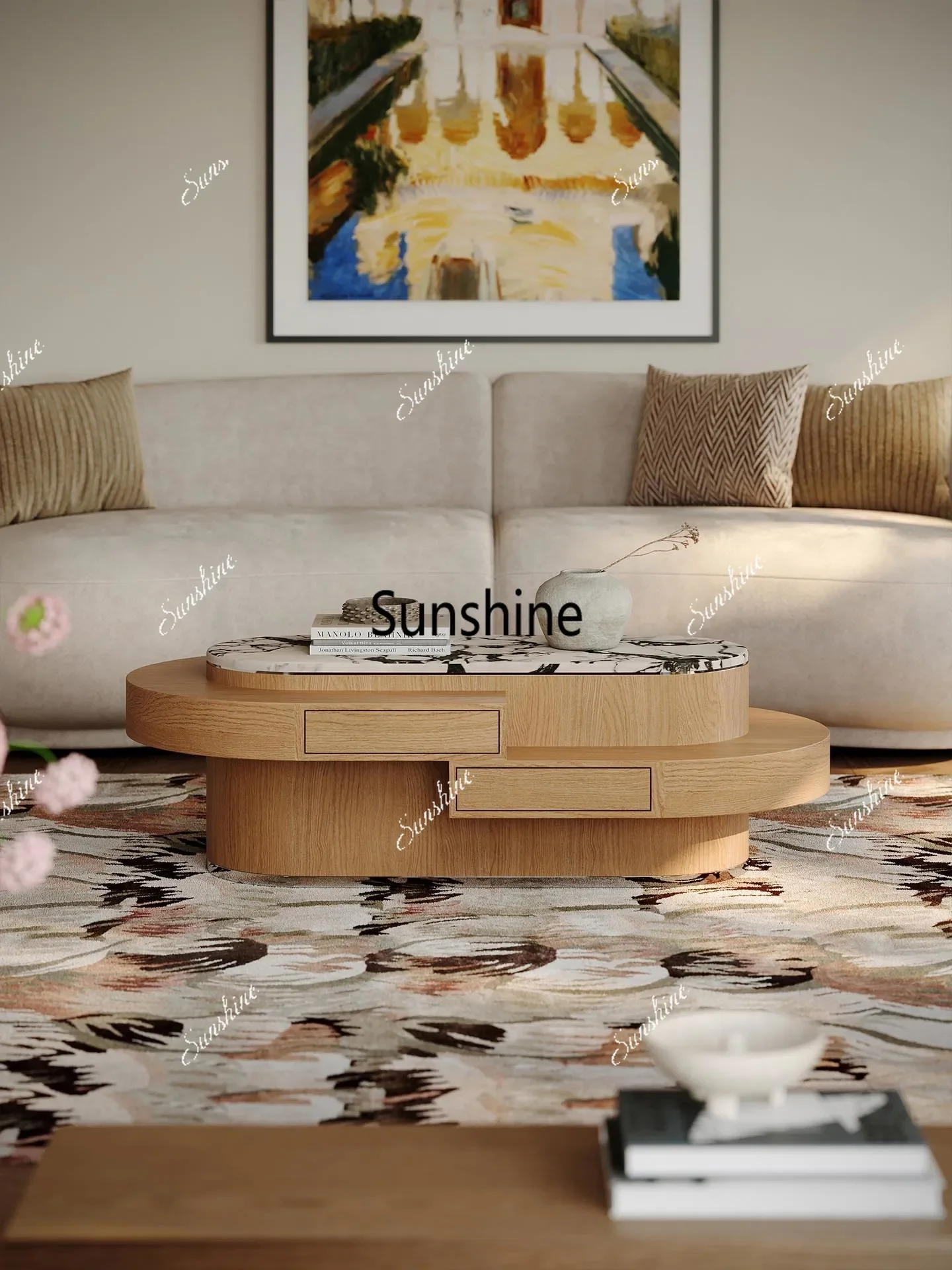 Small and large apartment type simple wind all solid wood marble coffee tableT*