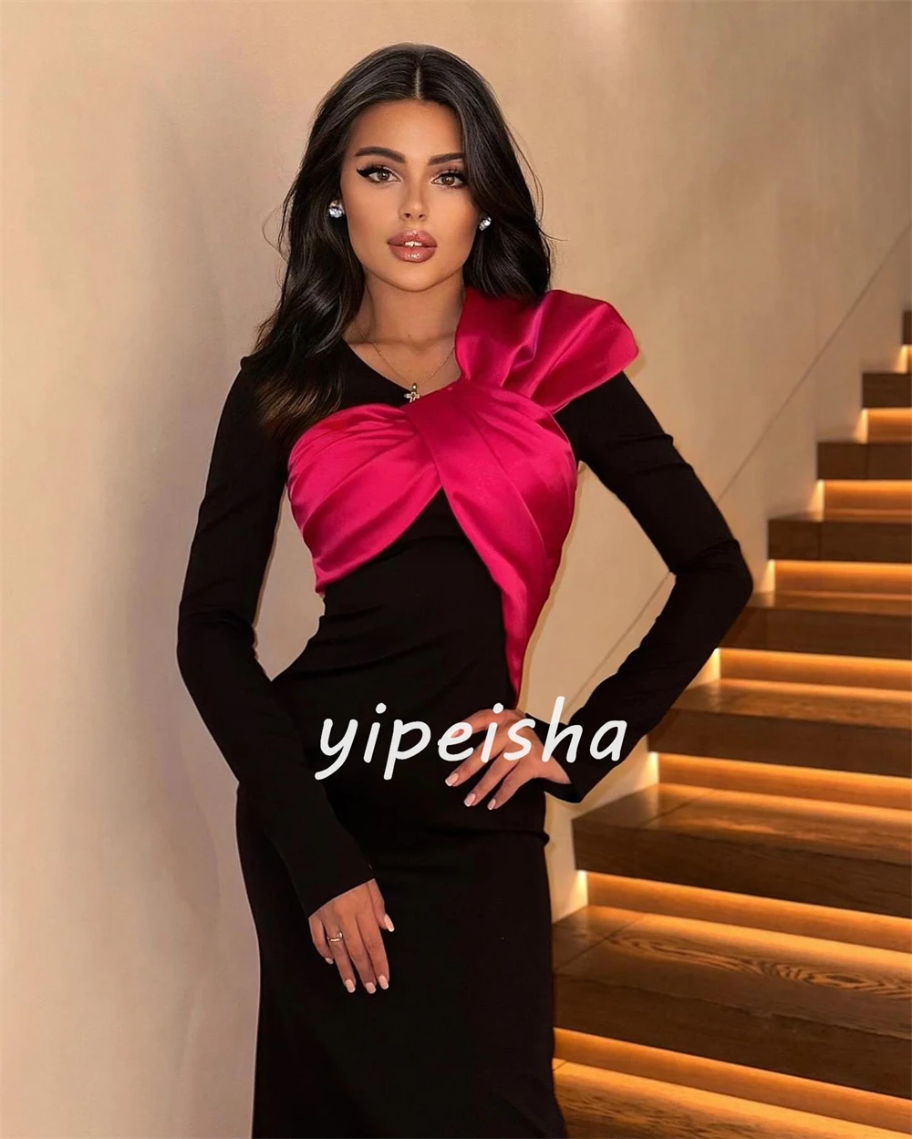 Customized Jersey Bow Cocktail Party Sheath V-neck Bespoke Occasion Gown Long Dresses