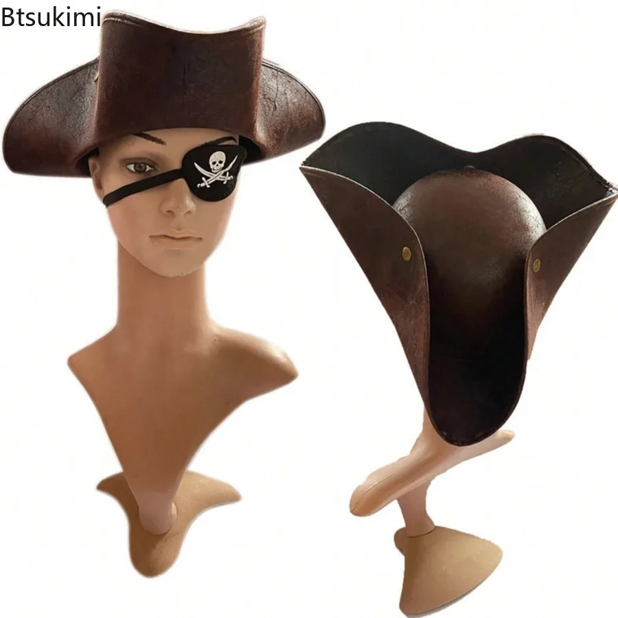 

Pirate Hat Vintage Button Faux Leather Tricorn Captain Hat Halloween Clothing Accessories Masquerade Party Cosplay Costume Props