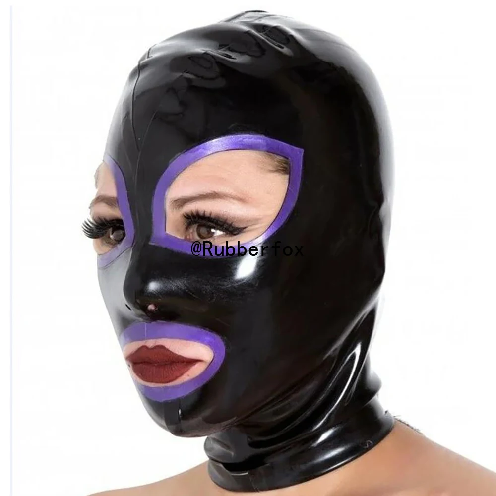 

Customized Latex Hood Mask Holiday Rubber Hoods with Purple Trim Eyes and Lips Women Cosplay Latex Mask