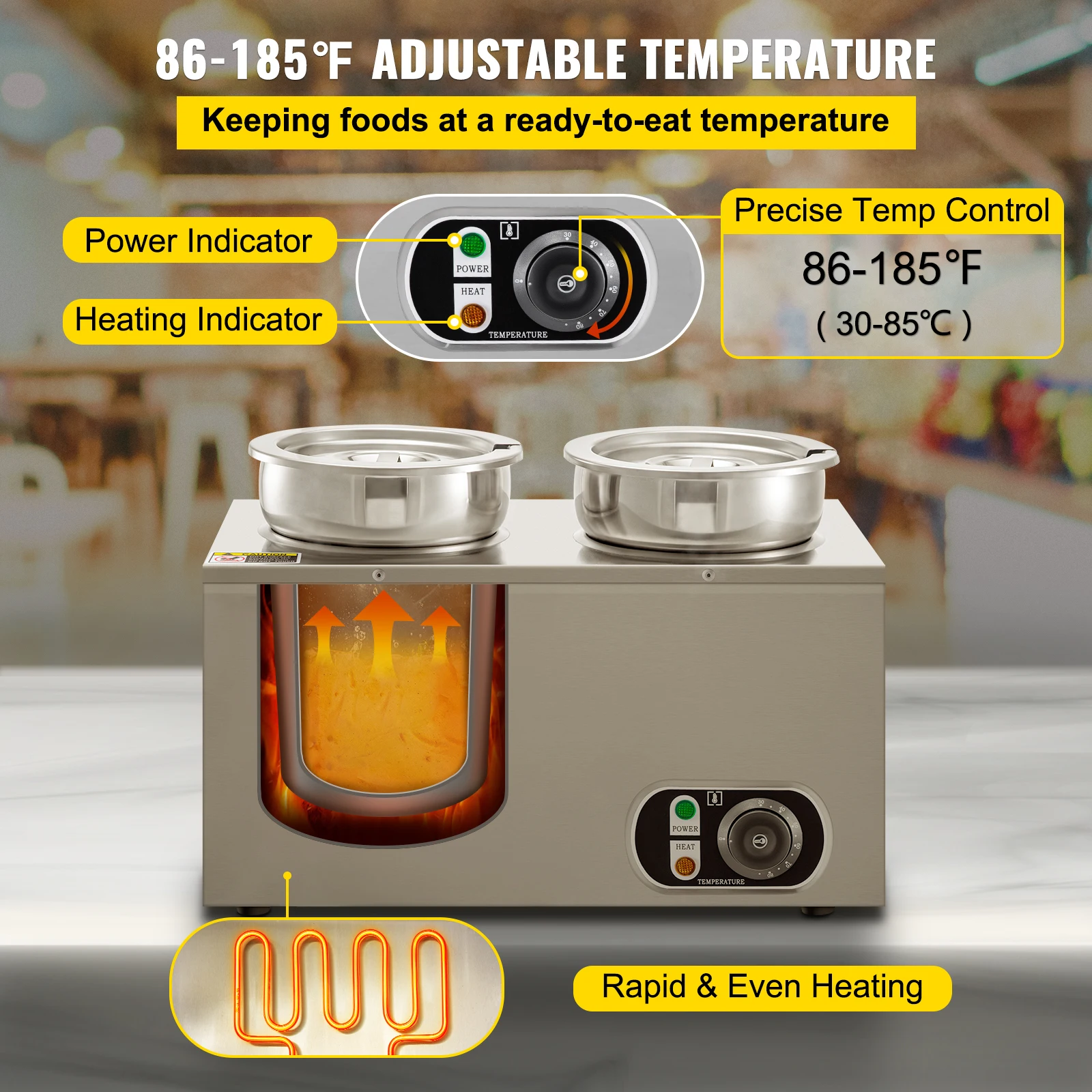 VEVOR 2x7L Commercial Food Warmer Stainless Steel Electric Buffet Serving Set Home Kitchen Countertop Steam Soup Kettle Machine