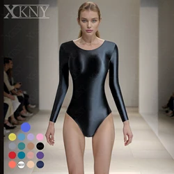 XCKNY-Maillot de bain une pièce, sexy, couleur unie, brillant, lisse, fourche haute, manches longues, yoga, sport, costume de gymnastique