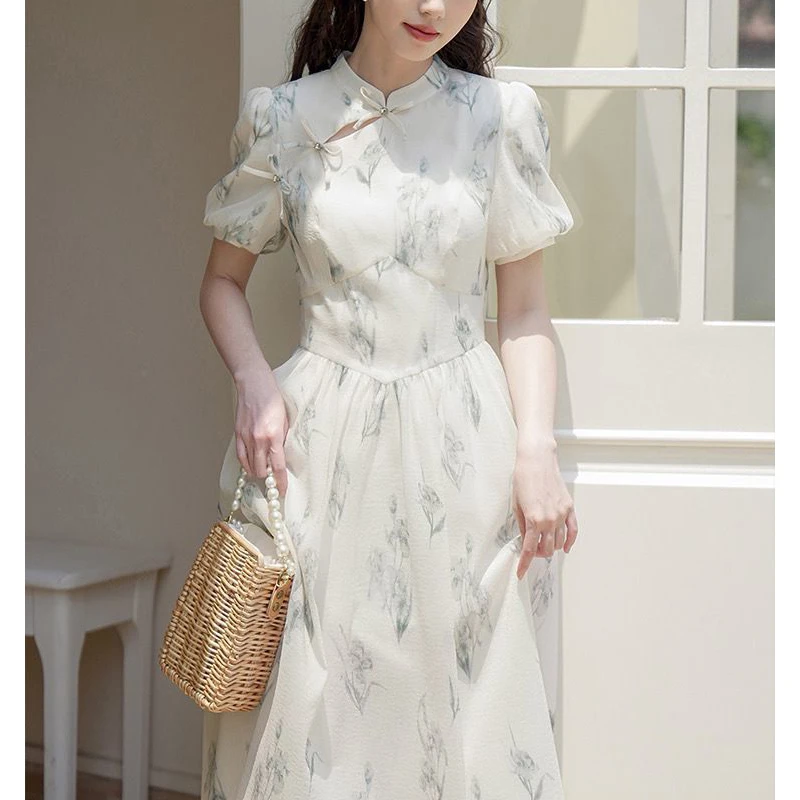 

summer Chinese style vintage stand printing slim dress ladies short sleeve elegant fashion frog robe women temperament vestido