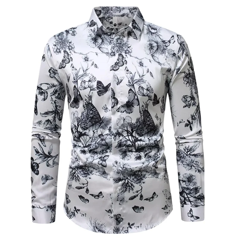 

Мужские роскошные классические рубашки Camisas Casuales Para Hombre 2025, винтажная рубашка с длинным рукавом и принтом бабочки, большие размеры, вечерние топы, социальная рубашка