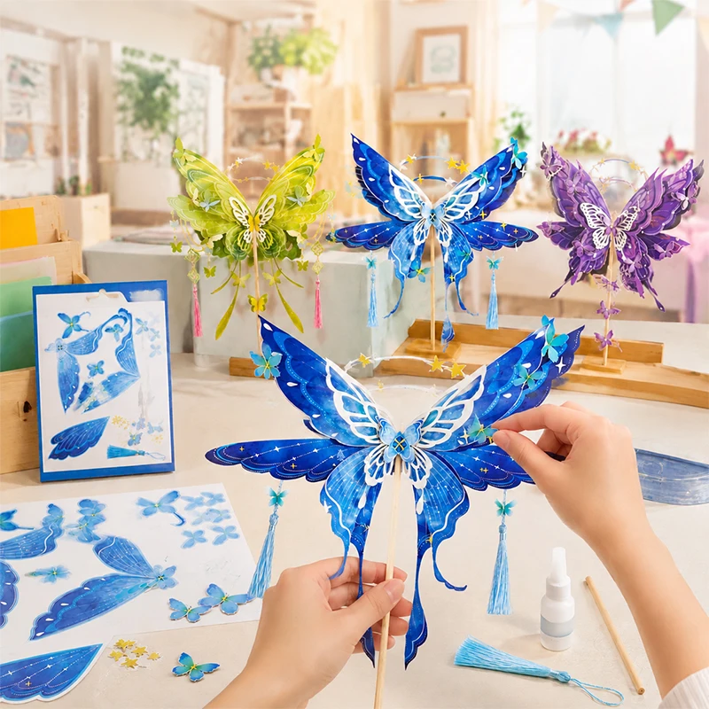 DIY 3D Butterfly Hand Fan Paper Craft Kit with Tassel Parent-child Handmade Assembly Model Tabletop Home Decor Gift