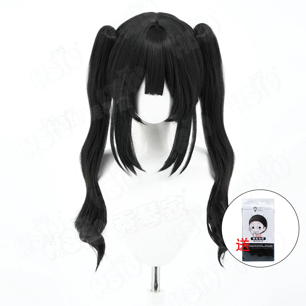 게임 마법 소녀 마녀 재판 쿠로베 나노카 코스프레 가발 60CM 검은색 긴 머리 합성 가발 + 가발 모자 파티 할로윈 가발