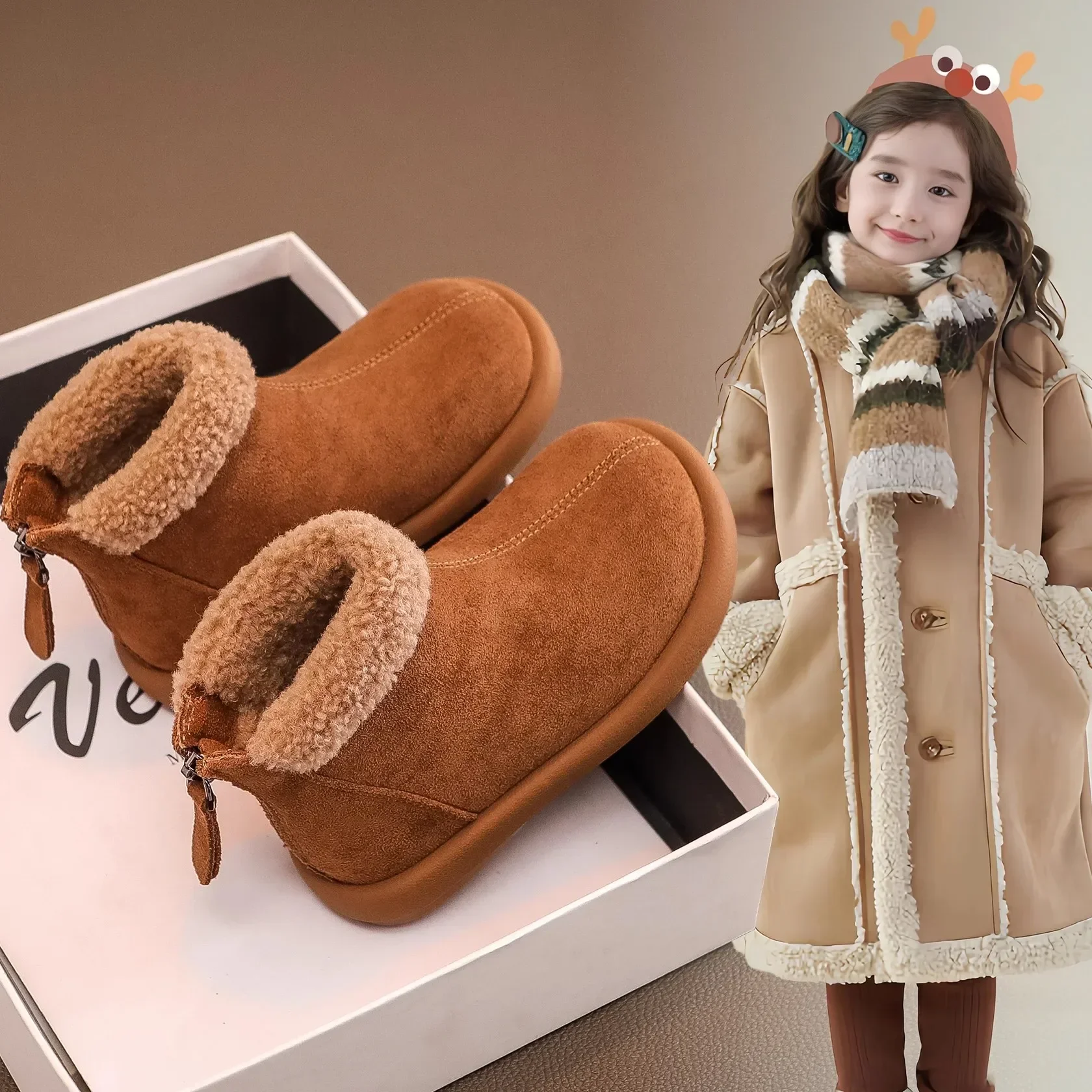 Kids Faux Suede Winter Ankle Boots, Toddler Girls Fleece Lined Boots Zipper, Non-Slip Sole Warm Snow Boots