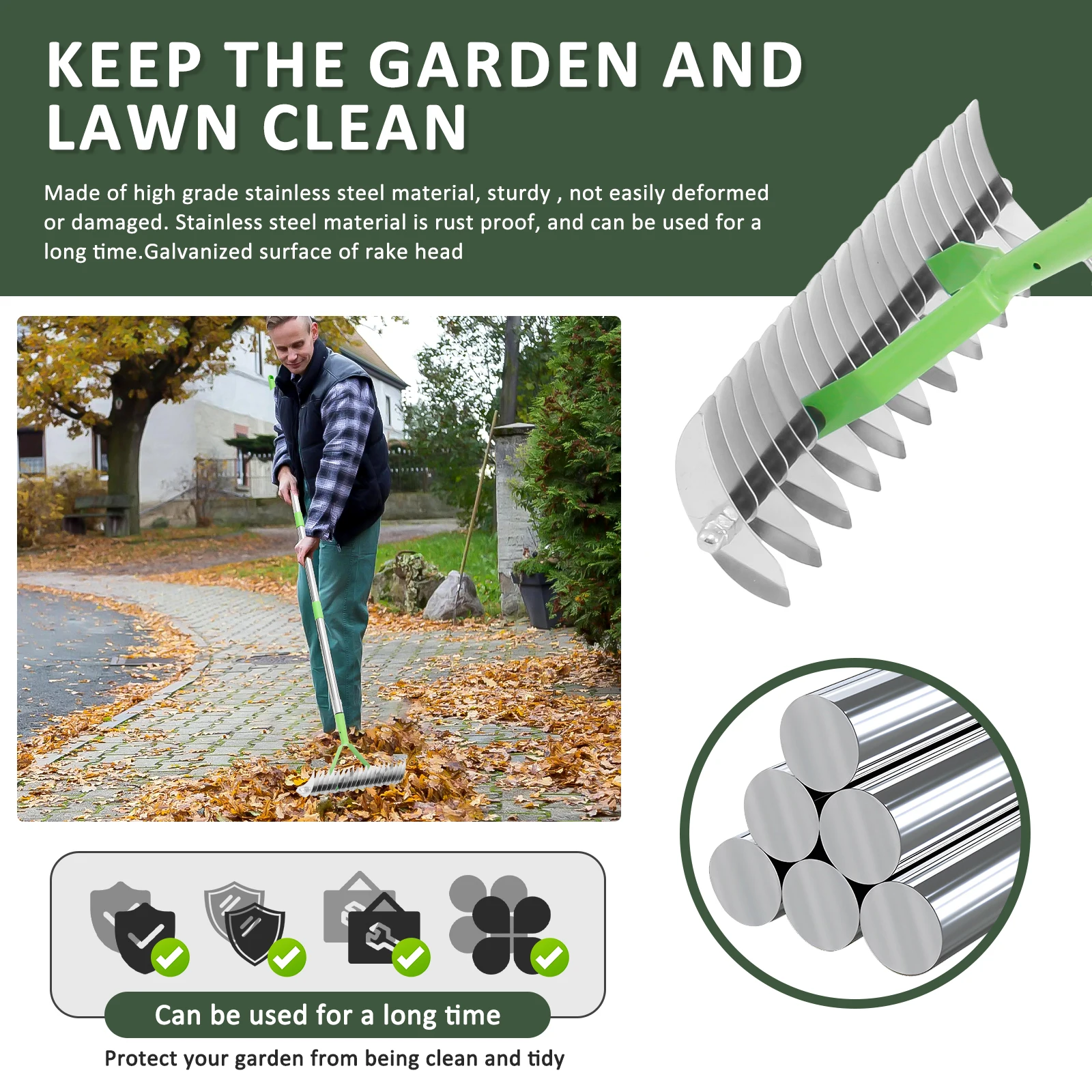 

Thatch Rake Double Sided Lawn Rake Stainless Steel Adjustable Dethatcher with 4 Sections Handle Garden Tool for Clear Dead Grass